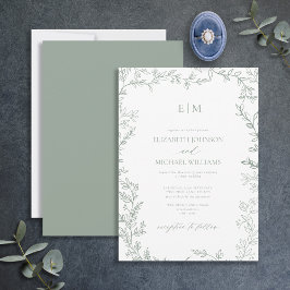 Minimale Leaf Sage Green Elegant Monogram Wedding Einladung