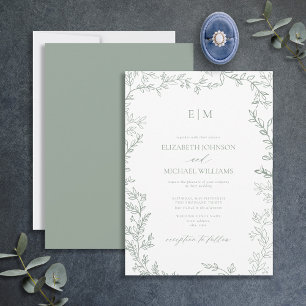 Minimale Leaf Sage Green Elegant Monogram Wedding Einladung