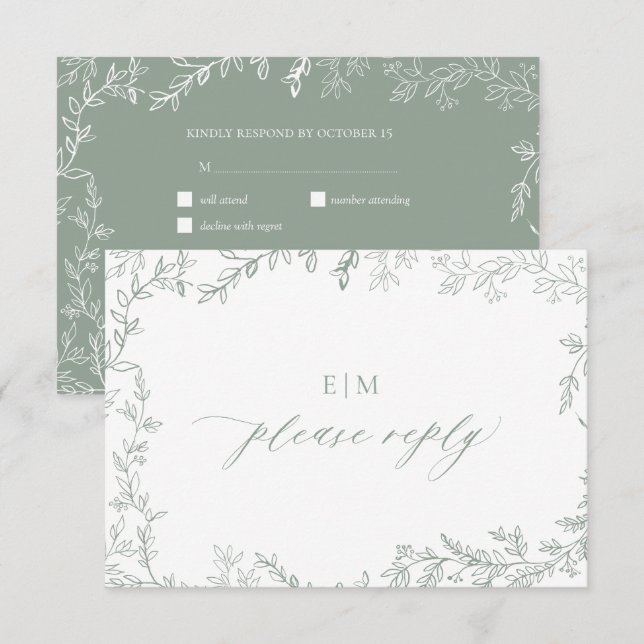 Minimale Leaf Sage Green Elegant Monogram Wedding RSVP Karte (Vorne/Hinten)