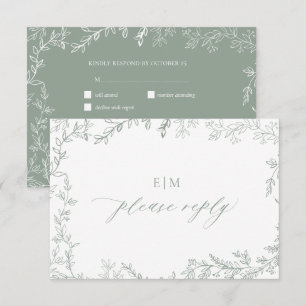 Minimale Leaf Sage Green Elegant Monogram Wedding RSVP Karte