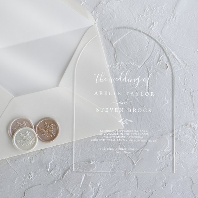 Minimale Leaf White Moderne einfache botanische Ho Acryleinladungen (Minimal Leaf White Modern Simple Botanical Wedding Acrylic Invitations)