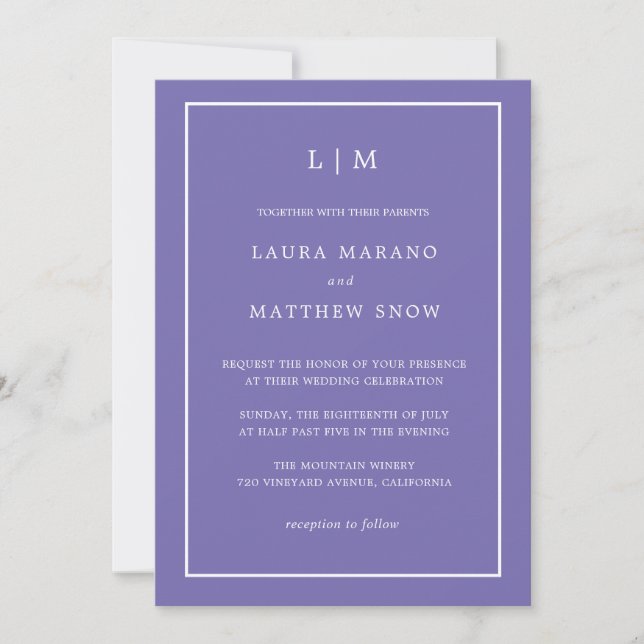 Minimale Lila Monogramm Einfache Hochzeit Einladung (Vorderseite)