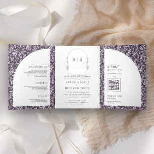 Minimale Linie Art Leaf Arch Lila Hochzeit Dreifach Gefaltete Einladung
