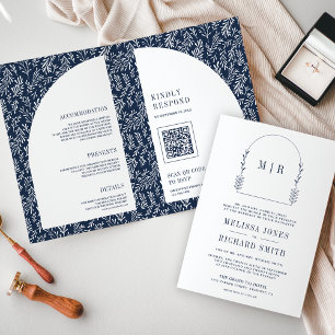 Minimale Linienkunst Blattbogen Navyblau Hochzeit Einladung