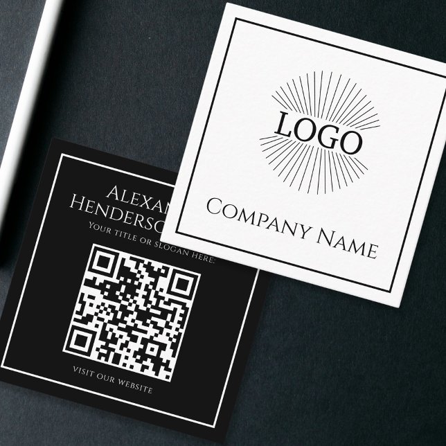 Minimale Logo-QR-Code Schwarz-Weiß Visitenkarte (Minimal Logo QR code Black & White Square Business Card)