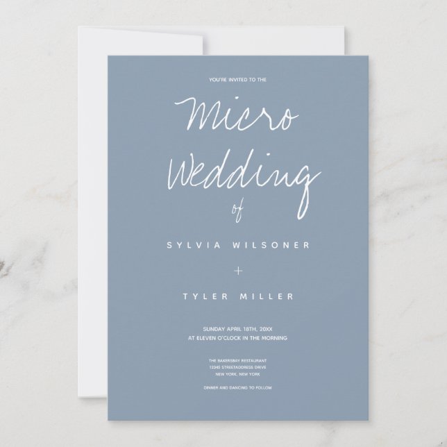 Minimale Mikro-Hochzeitblau-weiße Typografie (Vorderseite)