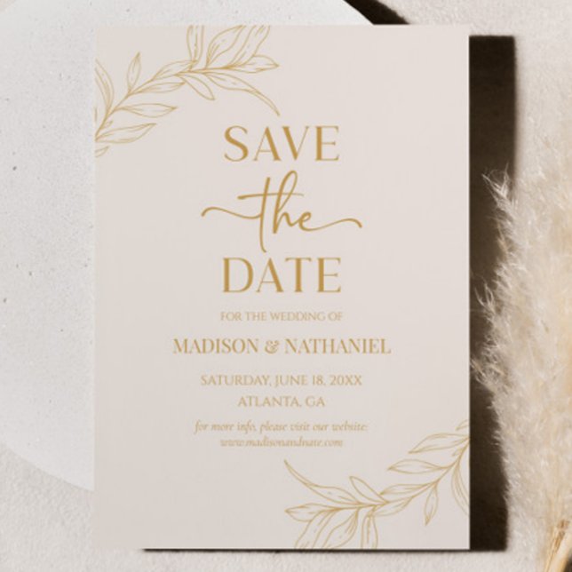 Minimale Minimalistische Beige Gold Branch Leaf Ho Save The Date (Von Creator hochgeladen)