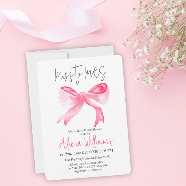 Minimale Miss an MRS. Ribbon Pink Bow Brautparty Einladung (Von Creator hochgeladen)