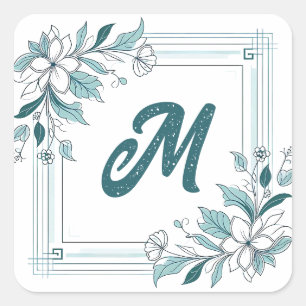 Minimale moderne bläserne weiße und grüne Monogram Quadratischer Aufkleber
