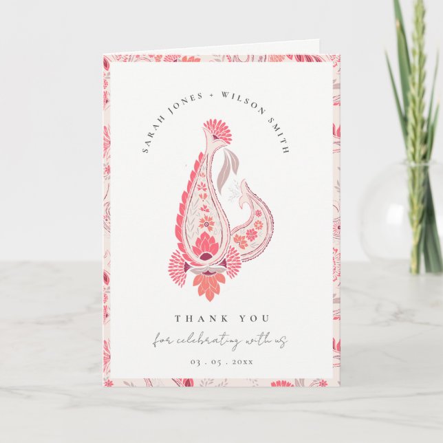 Minimale moderne Blush Paisley Typografie Hochzeit Dankeskarte (Vorderseite)