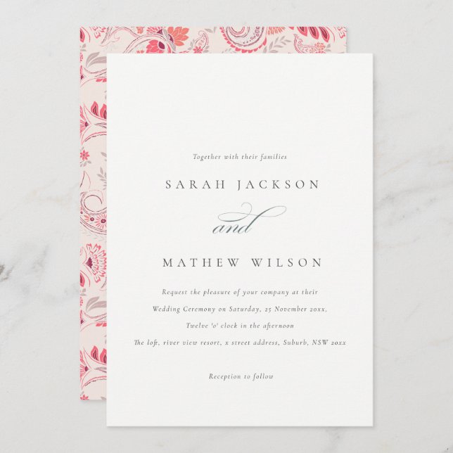 Minimale moderne Blush Paisley Typografie Hochzeit Einladung (Vorne/Hinten)