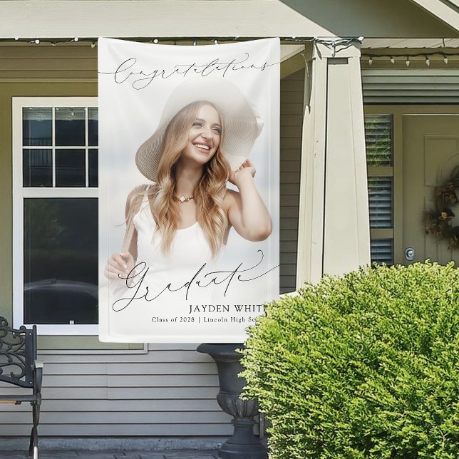 Minimale Moderne Chic Script Foto Graduation Party Banner (Minimal Modern Chic Script Photo Graduation Party Banner)