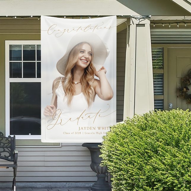 Minimale Moderne Chic Script Foto Graduation Party Banner (Minimal Modern Chic Script Photo Graduation Party Banner)