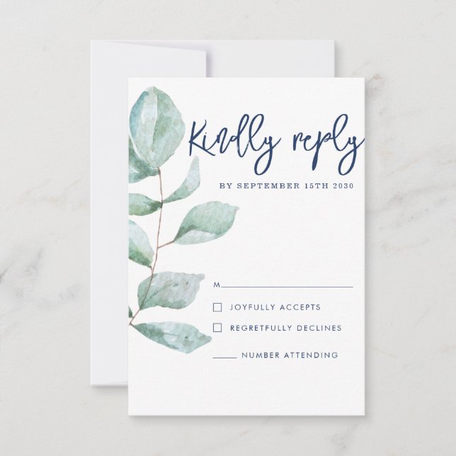 Minimale moderne Eukalyptus Navy Blue Wedding RSVP (Vorderseite)