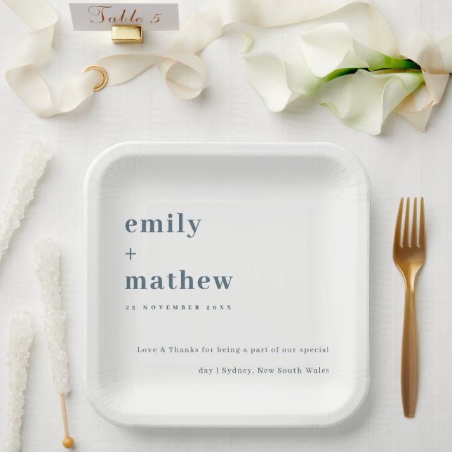 Minimale moderne Navy Gray Blue Typografy Wedding Pappteller (Hochzeit)