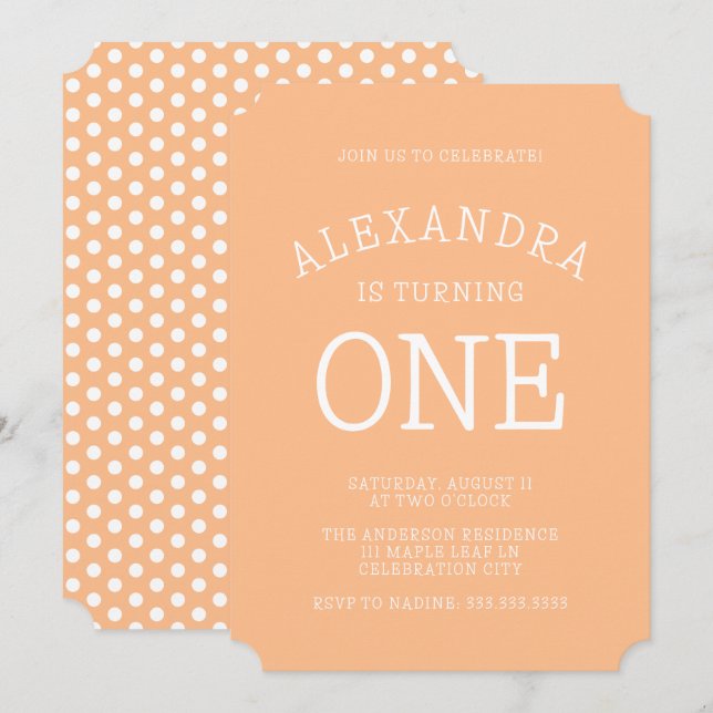 Minimale moderne Orange Polka Dot Erster Geburtsta Einladung (Vorne/Hinten)