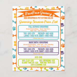 Minimale moderne Paws Hundepflege-Preisliste Flyer
