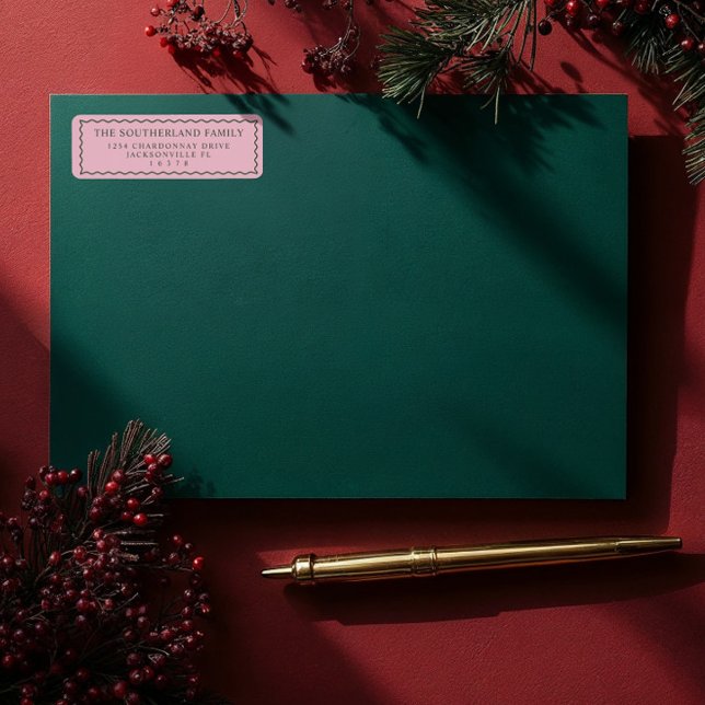 Minimale moderne Retro-Rosa- und Grünwavy-Linie (Minimal Modern Retro Pink & Green Wavy Line Family Label)