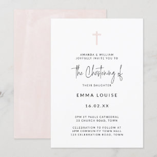 Minimale moderne rosa Wasserfarbe-Script-Taufe Einladung