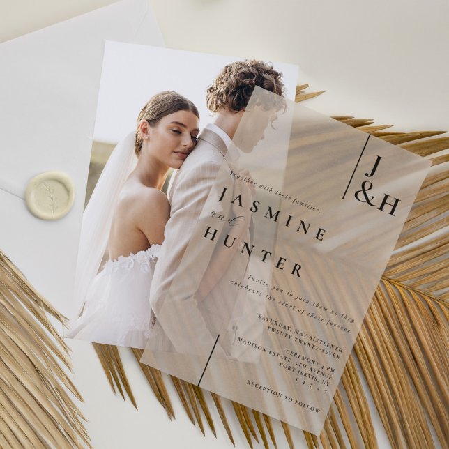 Minimale moderne Schwarz-Weiß-Monogramm-Hochzeit (Minimal Modern Black & White Monogram Wedding Vellum Invitations)