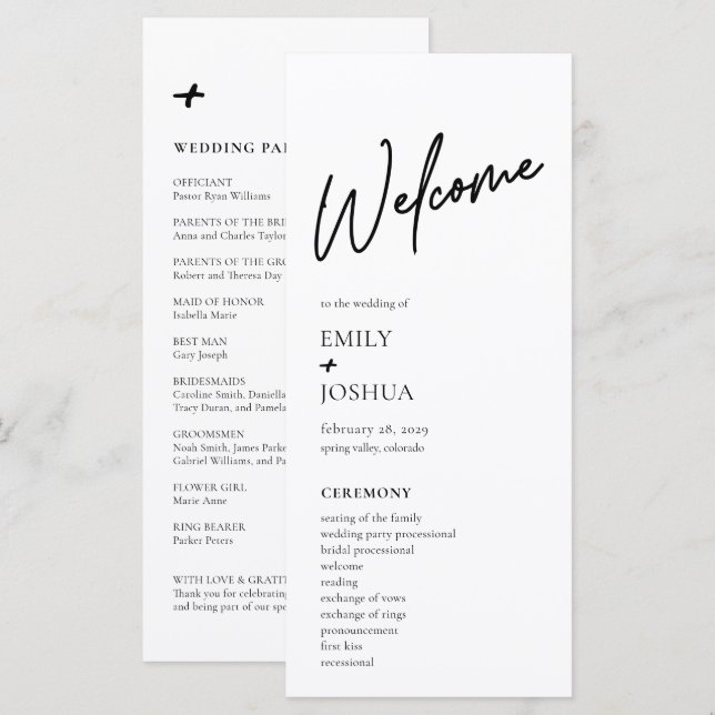 Minimale moderne schwarz-weiße Hochzeitsprogramm Programm (Vorne/Hinten)