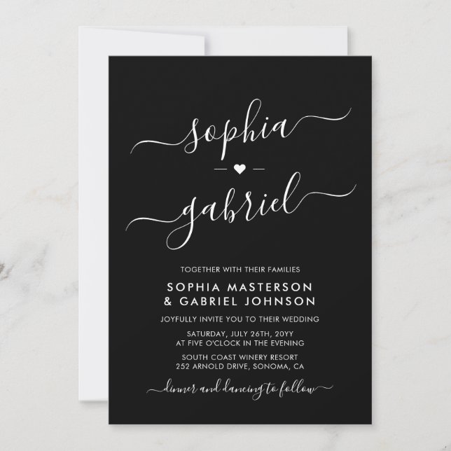 Minimale moderne Script Monogram Black Wedding Einladung (Vorderseite)