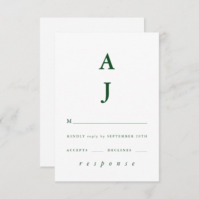 Minimale Mongram Emerald Green Wedding RSVP Karte (Vorne/Hinten)