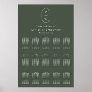 Minimale Mongram Moss Green Wedding Seating Chart Poster