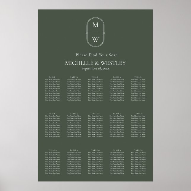 Minimale Mongram Moss Green Wedding Seating Chart Poster (Vorne)