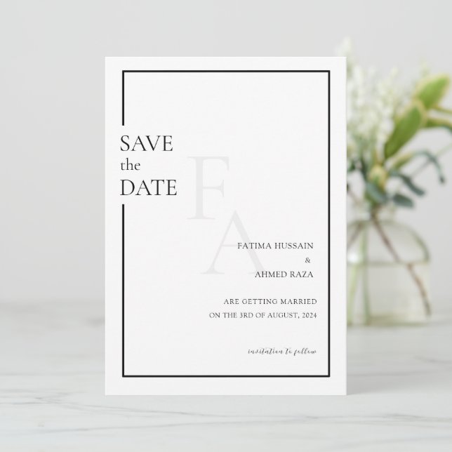 Minimale Mongram-muslimische Hochzeit rettet das D Save The Date (Stehend Vorderseite)