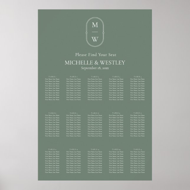 Minimale Mongram Sage Green Wedding Seating Chart Poster (Vorne)