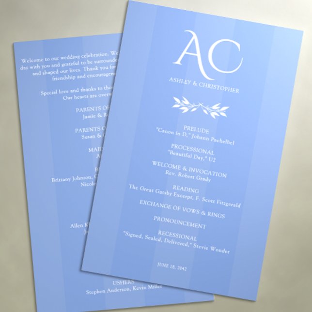 Minimale Monogram Stripe Cornflower Blue Wedding Programm (Von Creator hochgeladen)