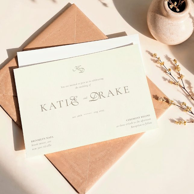 Minimale Monogramm-Cream-Elfenbein-Script-Hochzeit Einladung (Von Creator hochgeladen)