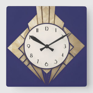 Minimale Navy-Blau Art Deco Geometrische Diamanten Quadratische Wanduhr