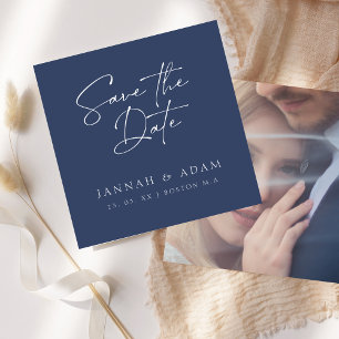 Minimale Navy-Blau-Script-Foto-Hochzeit Save The Date