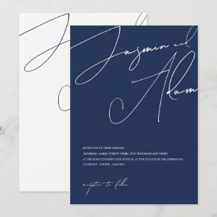Minimale Navy-Blau-Script-Typografie-Hochzeit Einladung