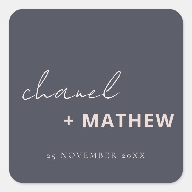 Minimale Navy Blush Black Script Typografy Wedding Quadratischer Aufkleber (Vorderseite)