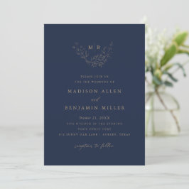 Minimale Navy Gold Botanische Monogramm Hochzeit Einladung