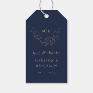 Minimale Navy Gold Botanische Monogramm Hochzeit Geschenkanhänger