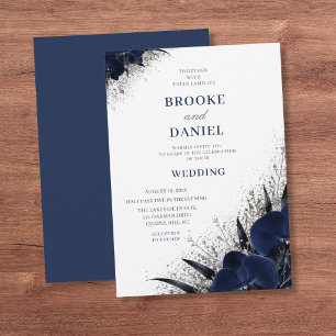 Minimale Navy-Orchideen-Silber-Glanz-Hochzeit Einladung