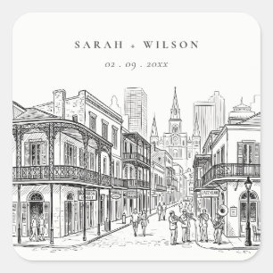 Minimale New Orleans Louisiana Skizze Hochzeit Quadratischer Aufkleber