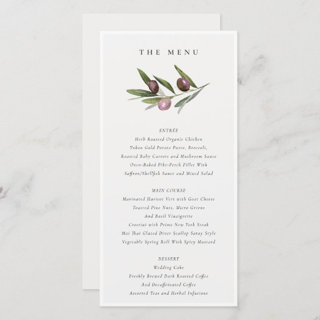 Minimale Olive Branch Foliage Wedding Menu Card Dankeskarte (Vorne/Hinten)