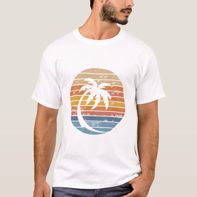 Minimale Palmbaum-Sonnenuntergangs-Retro-Kreis-Gra T-Shirt (Vorderseite)