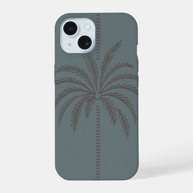 Minimale Palmenbaum-Muster Blau Grau Tropisch iPhone 15 Hülle (Rückseite)