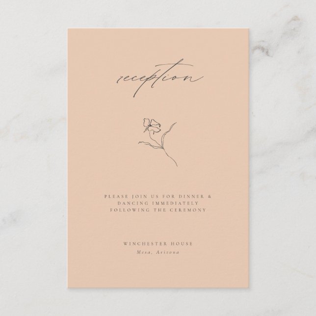 Minimale Peach Fine Art Floral Hochzeitsempfang Begleitkarte (Vorderseite)
