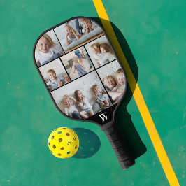 Minimale Personalisierte Monogramm 7-FotoCollage Pickleball Schläger