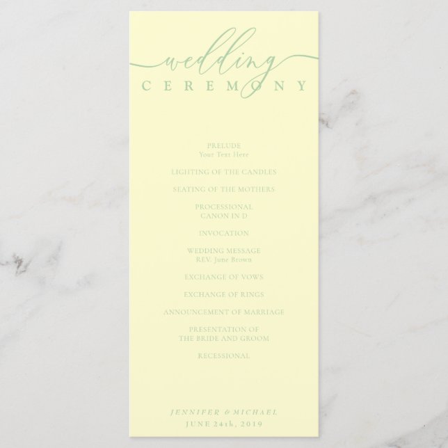 Minimale Pistazien- und Creme-Schrift-Hochzeitszer Programm (Vorderseite)