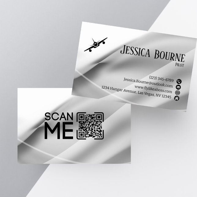 Minimale professionelle QR-Code White Silber Pilot Visitenkarte (Von Creator hochgeladen)