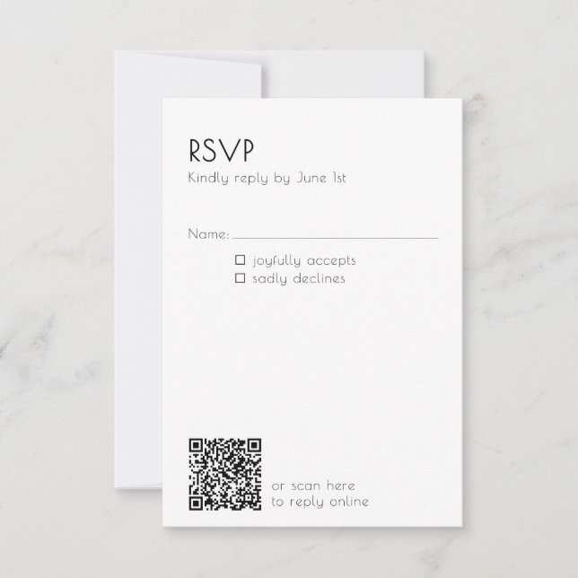 Minimale QR-Code-Hochzeitsdetails Moderner Briefve RSVP Karte (Vorderseite)
