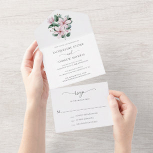 Minimale Rosa Magnolia Flora Hochzeit All In One Einladung